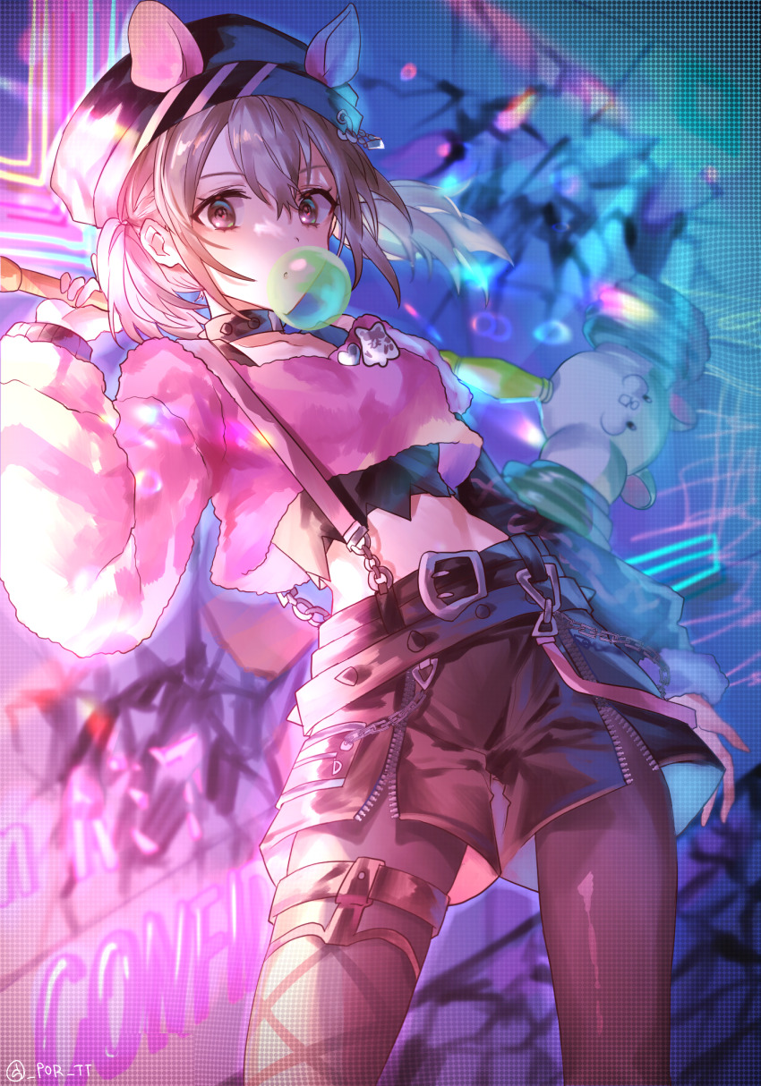 1girl, :o, alley, animal_ears, azusawa_kohane, bare_shoulders, belt, belt_buckle