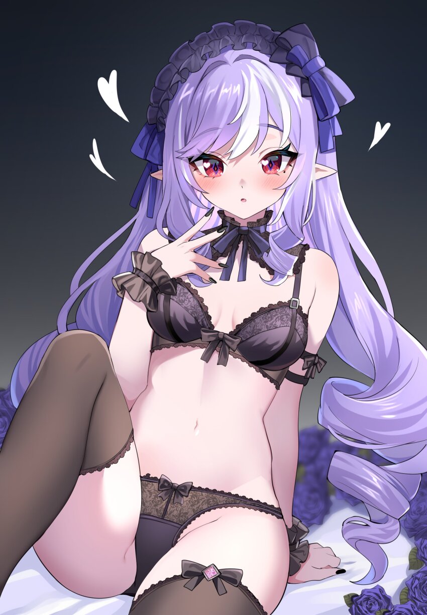 1girl, absurdres, bare_shoulders, black_bra, black_hairband, black_nails, black_panties, black_thighhighs