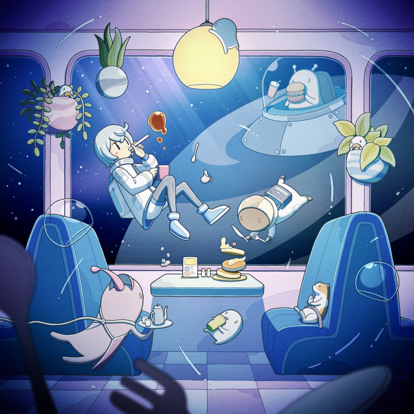 1girl, absurdres, alien, antennae, apron, astronaut, boots, burger