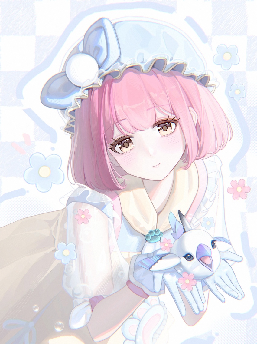 1girl, ambird_(infinity_nikki), animal, apron, bird, blue_background, blue_bow, blue_flower, blue_gloves, blue_hat, blue_shirt, blunt_bangs, blunt_ends, bob_cut, bow, brooch, brown_pupils, bubble_print, bye-bye_dust_(infinity_nikki), checkered_background, closed_mouth, cowboy_shot, eyelashes, flower, frilled_headwear, gloves, happy, hat, hat_bow, highres, holding, holding_animal, holding_bird, infinity_nikki, jewelry, leaning_forward, light_blush, looking_at_viewer, mob_cap, nikki_(series), outline, paw_print, pink_flower, pink_hair, pocket, pom_pom_hat_ornament, puffy_short_sleeves, puffy_sleeves, scarf, see-through_clothes, see-through_sleeves, shirt, short_hair, short_sleeves, sleeve_bow, smile, solo, two-tone_background, white_background, white_bow, white_outline, white_sleeves, yellow_apron, yellow_eyes, yellow_scarf, zhike_tangjiang