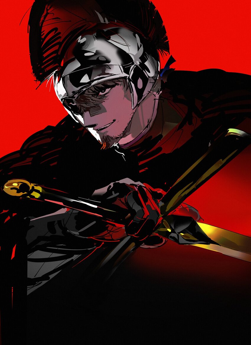 1boy, armor, beard_stubble, drawing_sword, durandal_(fate), facial_hair, fading, fate/grand_order