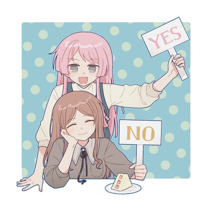 2girls, artist_request, bang_dream!, bang_dream!_it's_mygo!!!!!, brown_hair, chihaya_anon, closed_eyes, closed_mouth, commission, content_rating, dark_skin, grey_eyes, holding, holding_sign, long_hair, multiple_girls, nagasaki_soyo, no, open_mouth, pink_hair, second-party_source, sidelocks, sign, strawberry_sandwich, sweater, white_sweater, yes