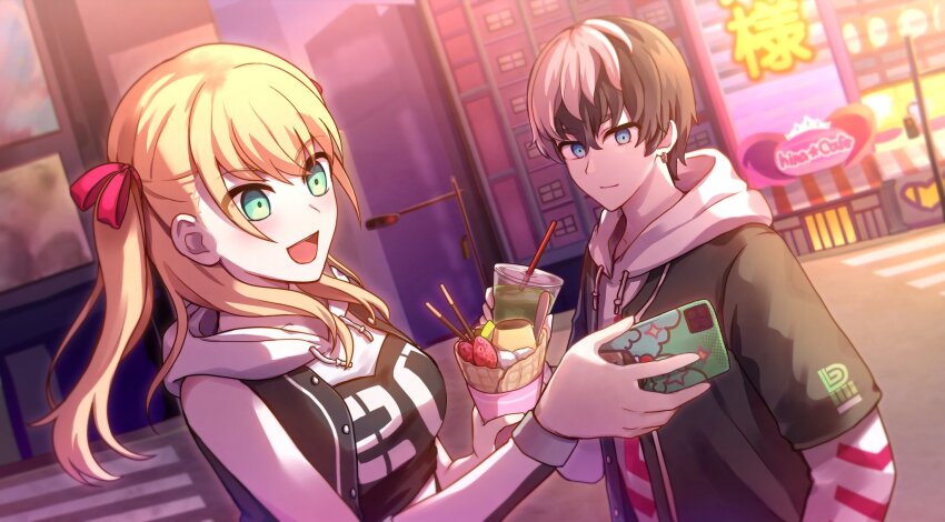 1boy, 1girl, :d, arm_warmers, bare_shoulders, black_hair, black_shirt, black_vest