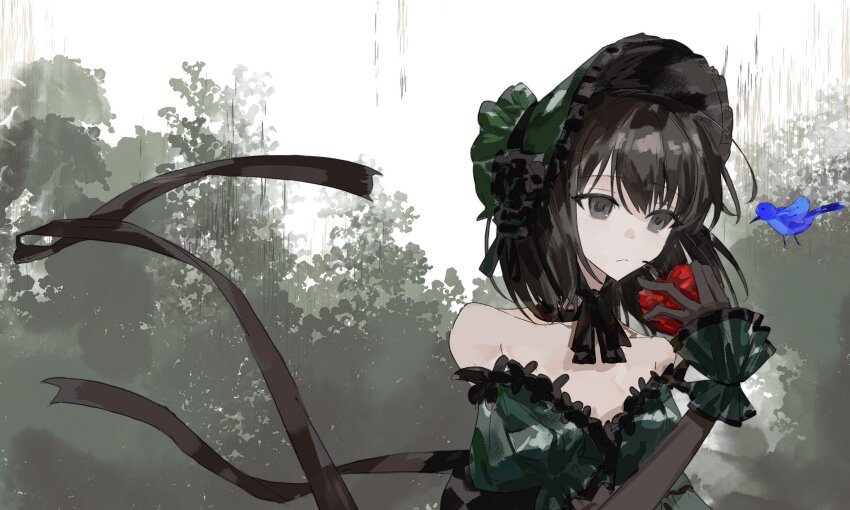 1girl, apple, bird, black_eyes, black_hair, blue_bird, bonnet, closed_mouth