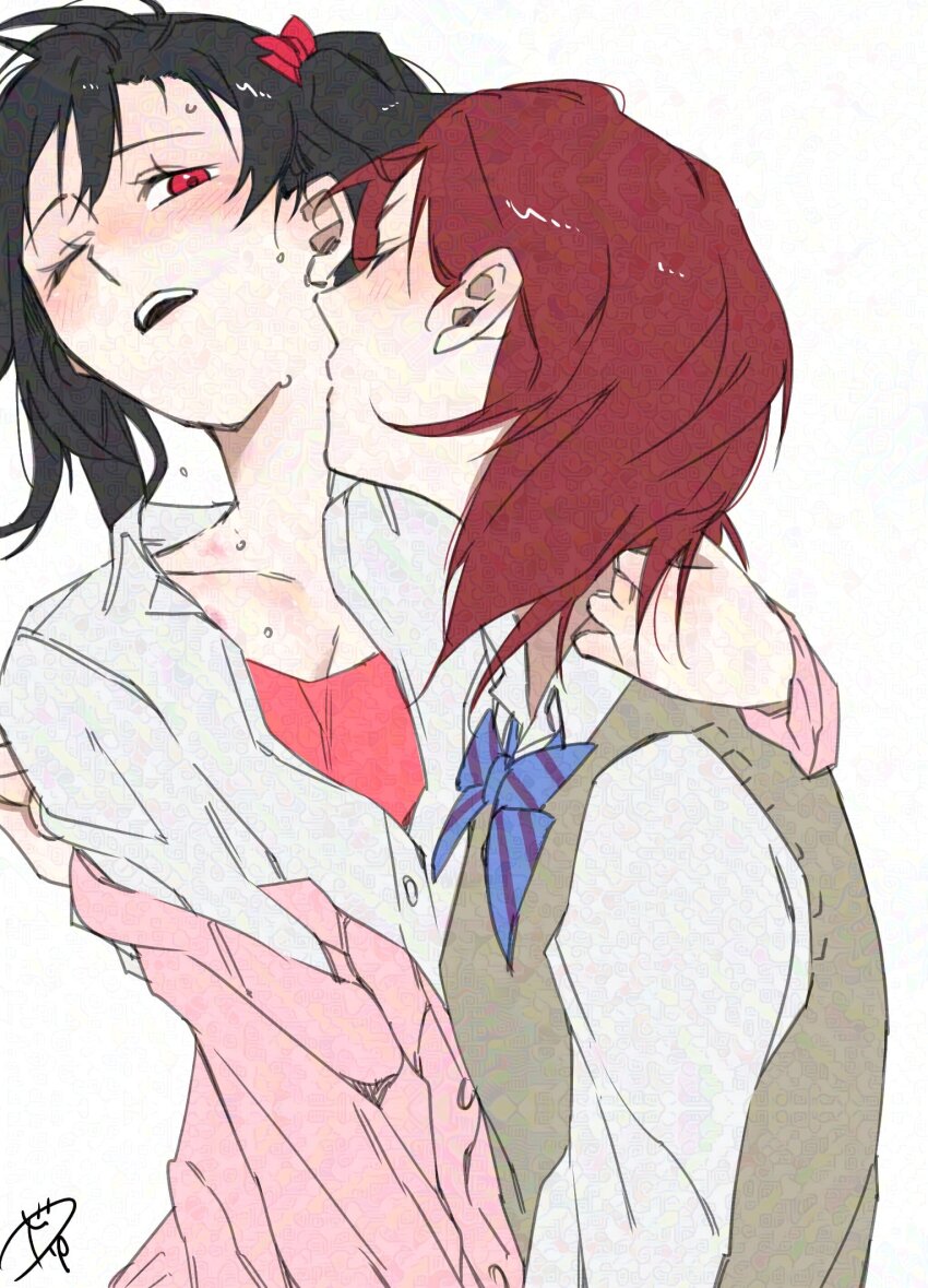 2girls, adversarial_noise, arm_around_neck, black_hair, blue_bow, blue_bowtie, blush, bow