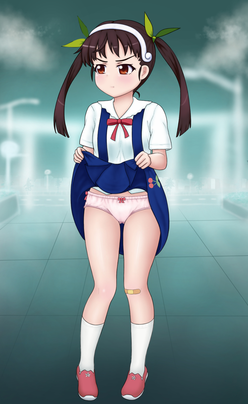 1girl, absurdres, bandaid, bandaid_on_knee, bandaid_on_leg, brown_hair, clothes_lift, hachikuji_mayoi, hair_ribbon, hairband, highres, loli, looking_to_the_side, monogatari_(series), neck_ribbon, panties, pink_panties, pout, red_eyes, ribbon, shirt, skirt, skirt_lift, socks, suspender_skirt, suspenders, twintails, underwear, white_shirt, yozora_takayama