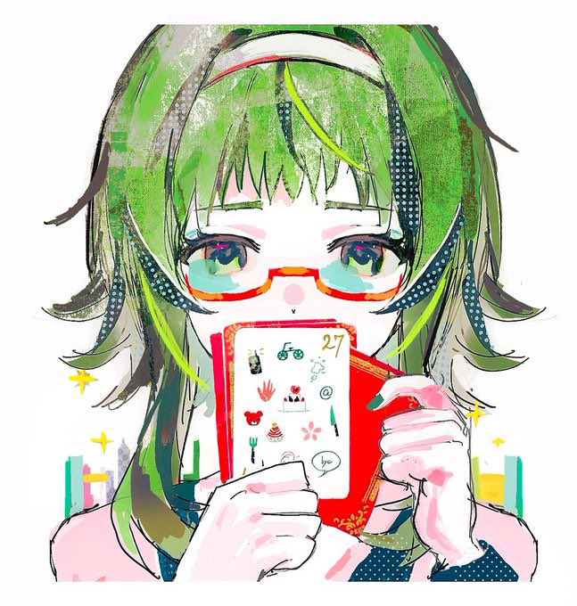 1girl, album_cover_redraw, card, covered_mouth, derivative_work, green_eyes, green_hair, green_nails, gumi, hairband, haoziddd, holding, holding_card, looking_at_viewer, portrait, red-framed_eyewear, semi-rimless_eyewear, solo, under-rim_eyewear, vocaloid, white_background, white_hairband, yowamushi_mont-blanc_(vocaloid)