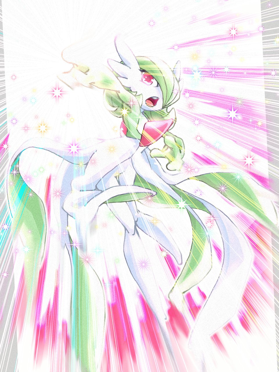 bob_cut, colored_skin, dress, gardevoir, gen_3_pokemon, green_hair, green_skin, hair_over_one_eye, highres, multicolored_skin, nintendo, pink_eyes, pokemon, pokemon_(creature), sparkle, tartarte_tatin, two-tone_skin, white_dress, white_skin