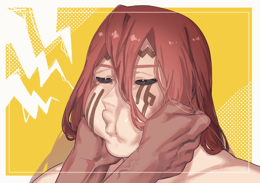 2boys, absurdres, black_sclera, border, cheek_squash, cheek_tattoo, closed_mouth, colored_sclera