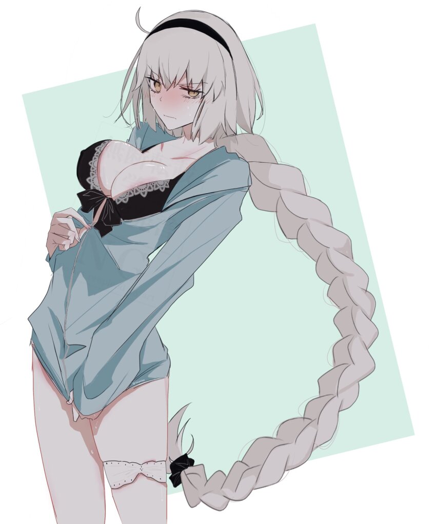 1girl, 55nyako20, aqua_jacket, braid, breasts, fate/grand_order, fate_(series), grey_hair, highres, jacket, jeanne_d'arc_(swimsuit_archer)_(first_ascension)_(fate), jeanne_d'arc_alter_(fate), large_breasts, long_braid, long_sleeves, scrunchie, single_braid, solo, two-tone_background, yellow_eyes