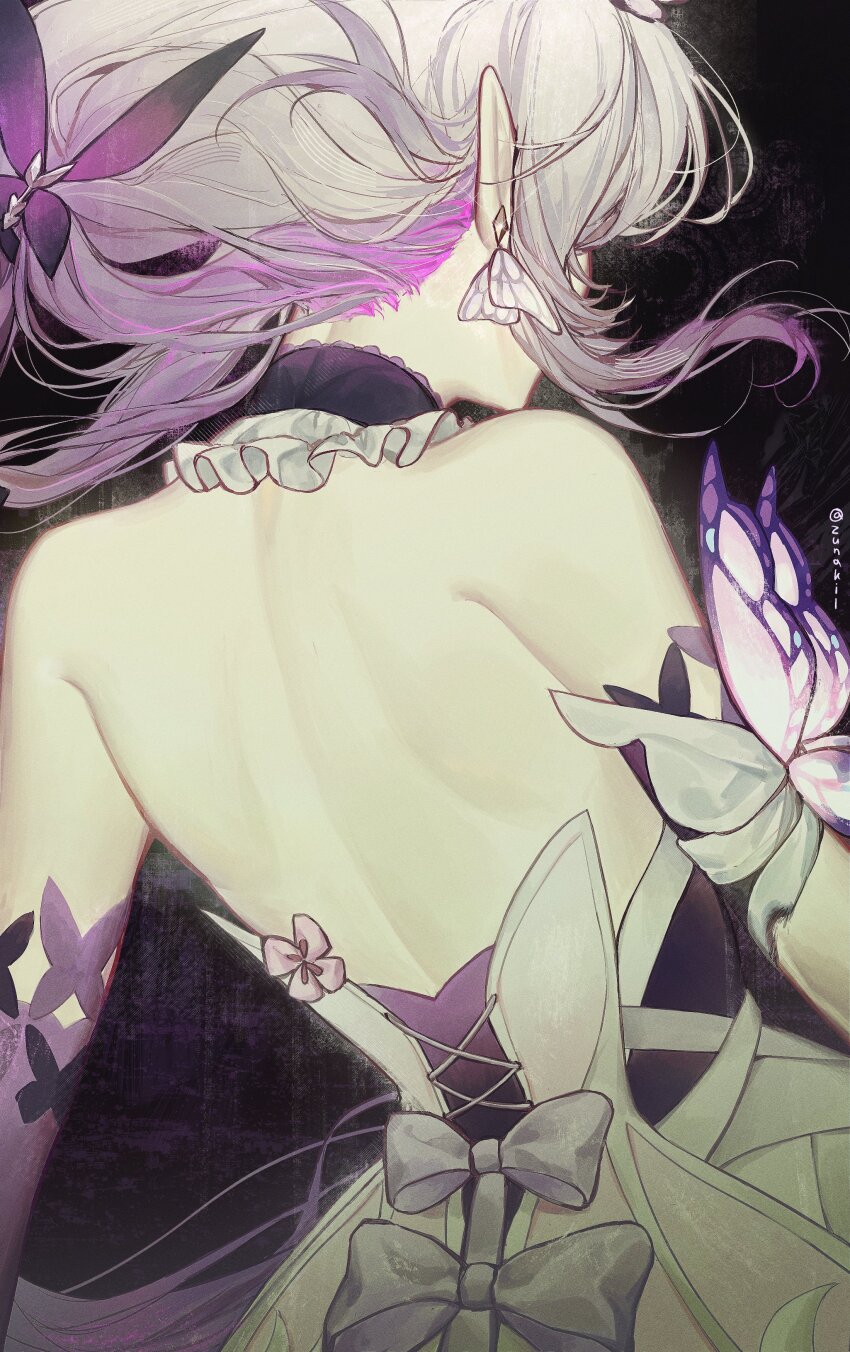 1girl, absurdres, backless_dress, backless_outfit, bare_back, bare_shoulders, black_choker, bow