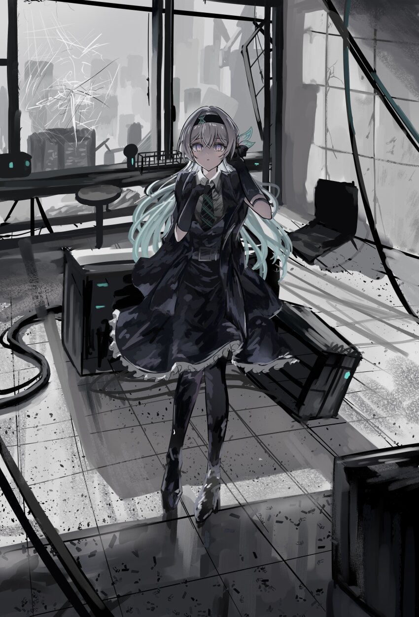 1girl, absurdres, belt, black_belt, black_dress, black_gloves, black_hairband, black_leggings