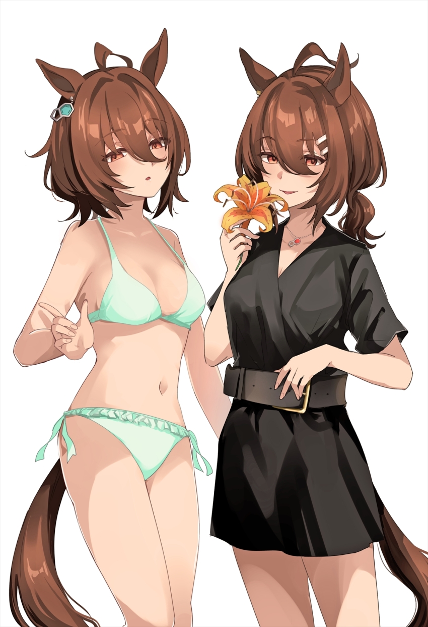 1girl, agnes_tachyon_(umamusume), ahoge, animal_ears, belt, bikini, black_dress, breasts