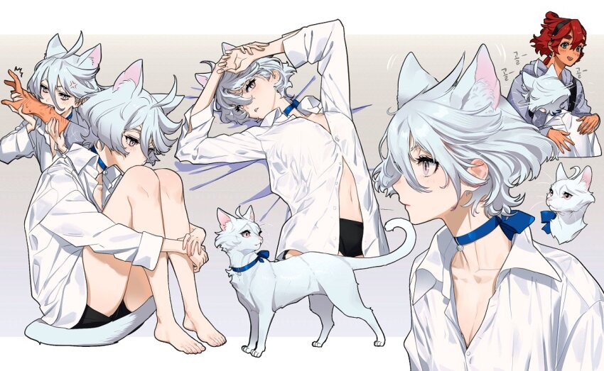 2girls, ^^^, ahoge, anger_vein, animal, animal_ears, animalization, arms_up