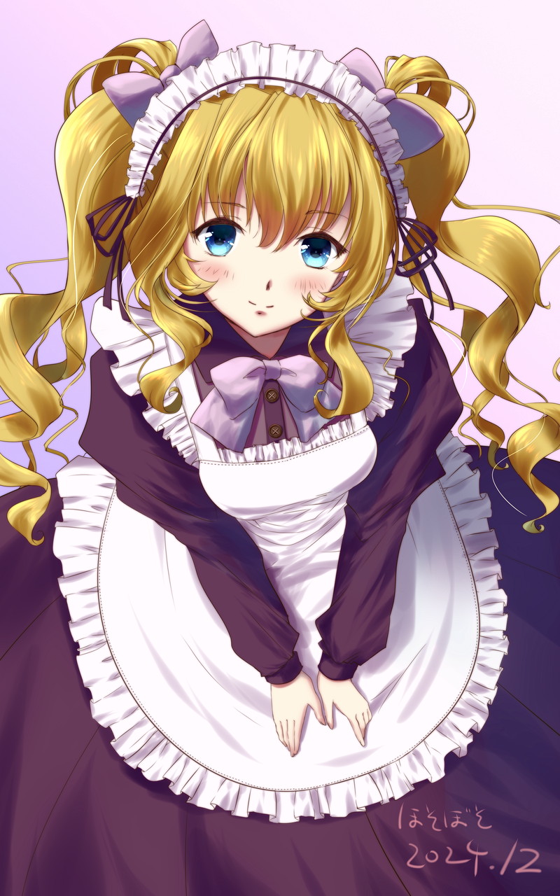 1girl, apron, blonde_hair, blue_eyes, blush, bow, dated, frilled_apron