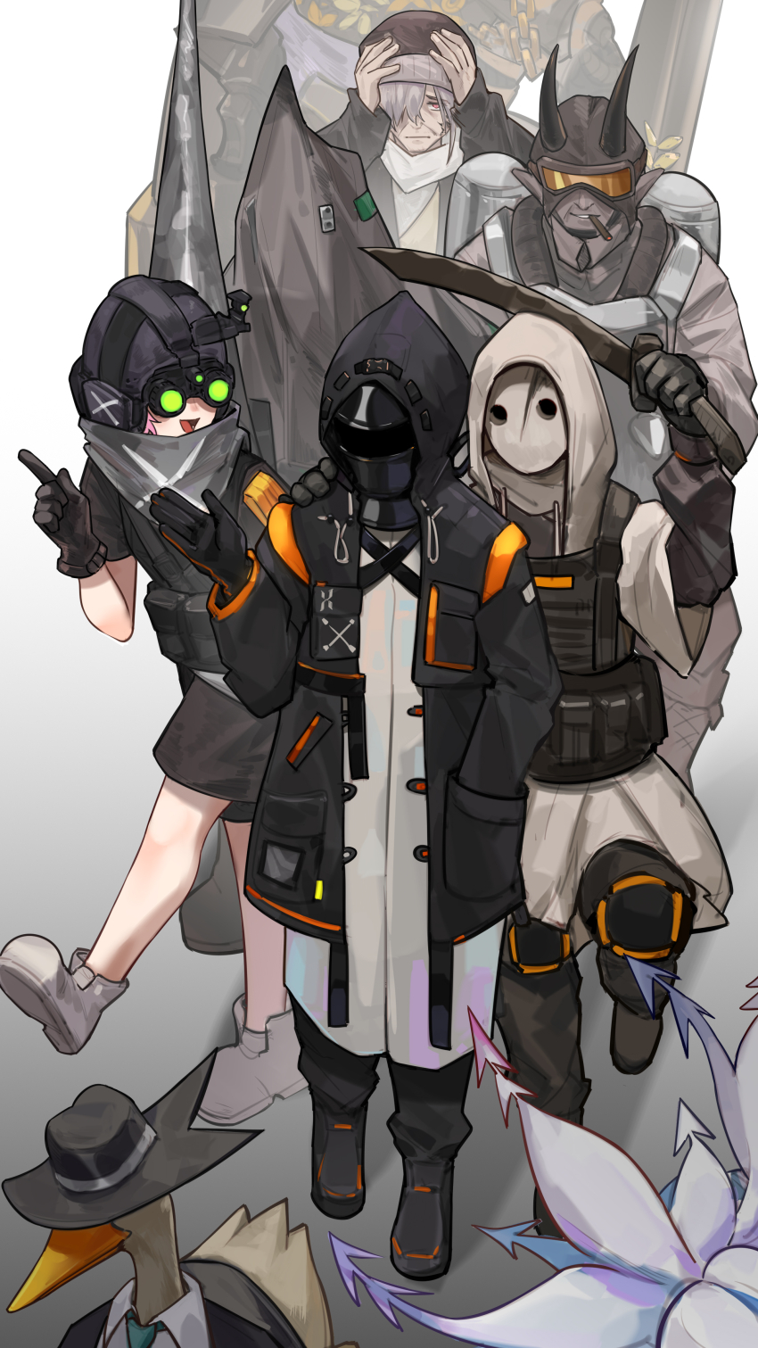 6+others, absurdres, ambiguous_gender, arknights, basin_sea_reaper_(arknights), black_jacket, black_robe, black_shirt, body_armor, doctor_(arknights), duck_lord_(arknights), goggles, grey_hair, helmet, highres, holding, holding_sword, holding_weapon, hood, hooded_jacket, horns, jacket, kourou_(kouroukun), mask, multiple_others, night_vision_device, pink_hair, reunion_logo_(arknights), reunion_soldier_(arknights), robe, sarkaz_lancer_leader_(arknights), scrap_assembler_(arknights), seaborn_(arknights), shirt, sword, ursus_civilian_(arknights), weapon, white_robe, wraith_(arknights)