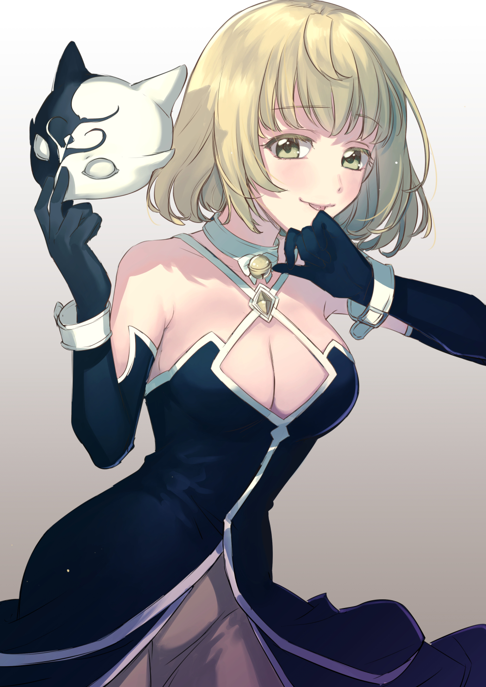 1girl, ahoge, animal_ears, bell, black_gloves, blonde_hair, blush, breasts