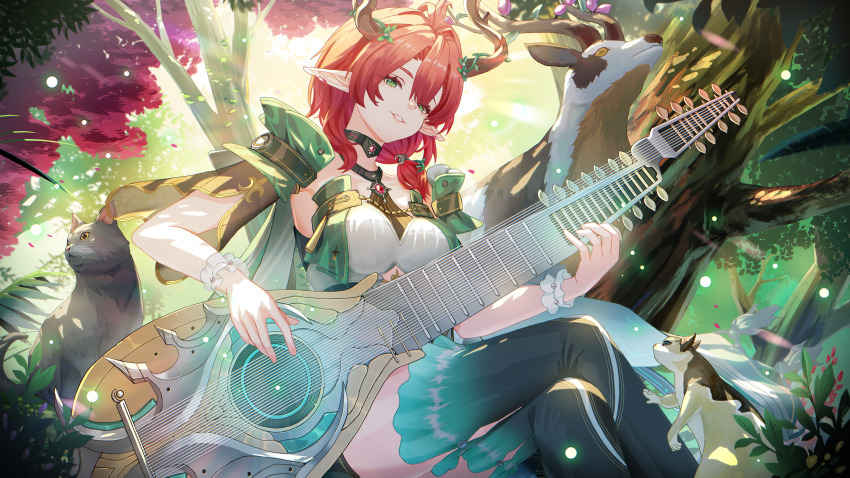 1girl, absurdres, black_cat, breasts, cat, ciaccona_(wuthering_waves), commentary, crossed_legs