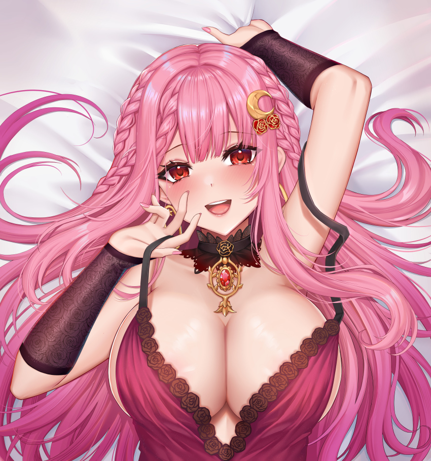 1girl, absurdres, bed_sheet, black_choker, blush, braid, breasts, choker