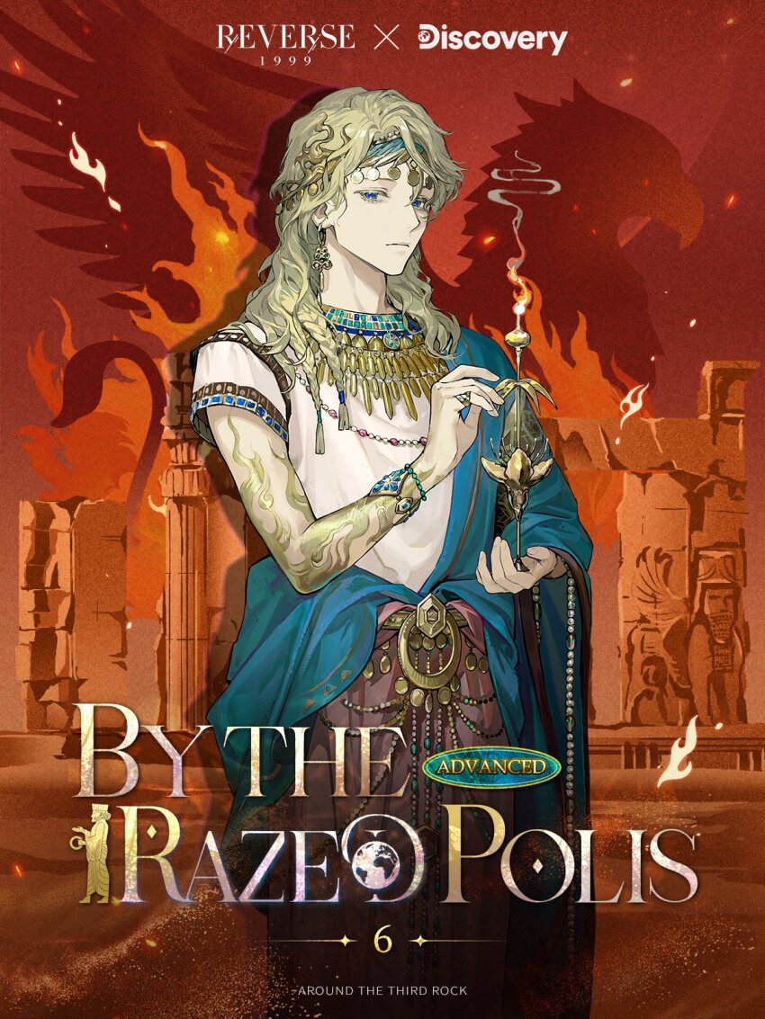 1boy, 6_(by_the_razed_polis)_(reverse:1999), 6_(reverse:1999), arm_out_of_sleeve, arm_tattoo, blonde_hair, blue_eyes, blue_robe