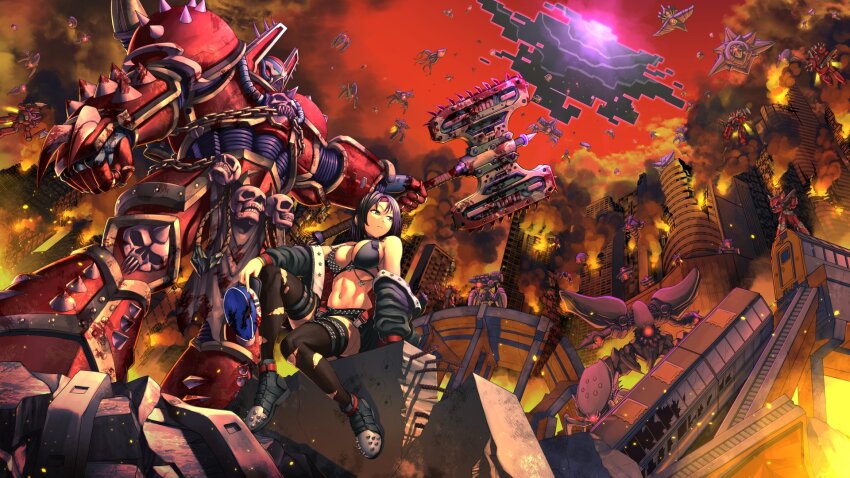 1boy, 1girl, 6+others, adeptus_astartes, apocalypse, arm_rest, armor, axe