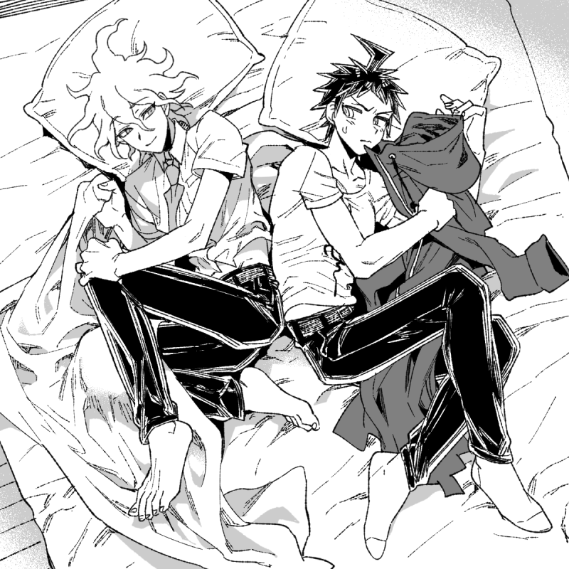 2boys, ahoge, barefoot, bed, collarbone, cosplay, costume_switch, danganronpa_(series)