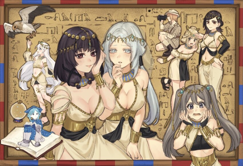 6+girls, alternate_costume, ancient_egyptian, ancient_egyptian_clothes, aoba_chika, bare_shoulders, binoculars, bird