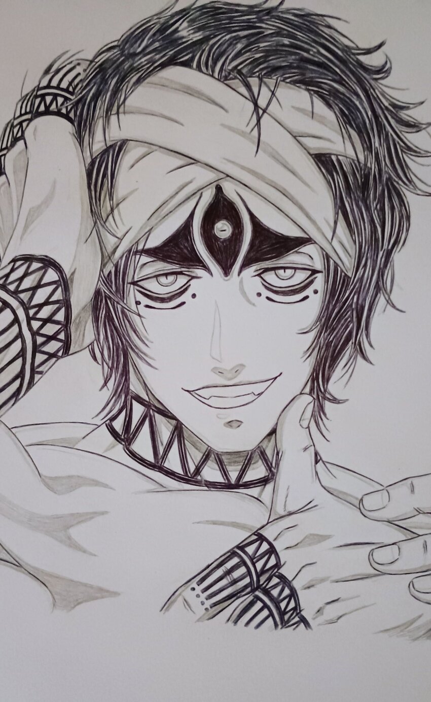 1boy, arm_tattoo, bandana, close-up, cropped_torso, extra_arms, extra_eyes, facing_viewer, finger_on_cheek, finger_tattoo, greyscale, grin, hand_on_own_head, hands_up, highres, looking_at_viewer, male_focus, monochrome, multiple_eyes, muscular, muscular_male, shirtless_male, shiva_(shuumatsu_no_valkyrie), short_hair, shuumatsu_no_valkyrie, smile, smug, solo, tattoo, teeth, thick_eyebrows, third_eye, toned, toned_male, topless_male, upper_body, wrist_tattoo