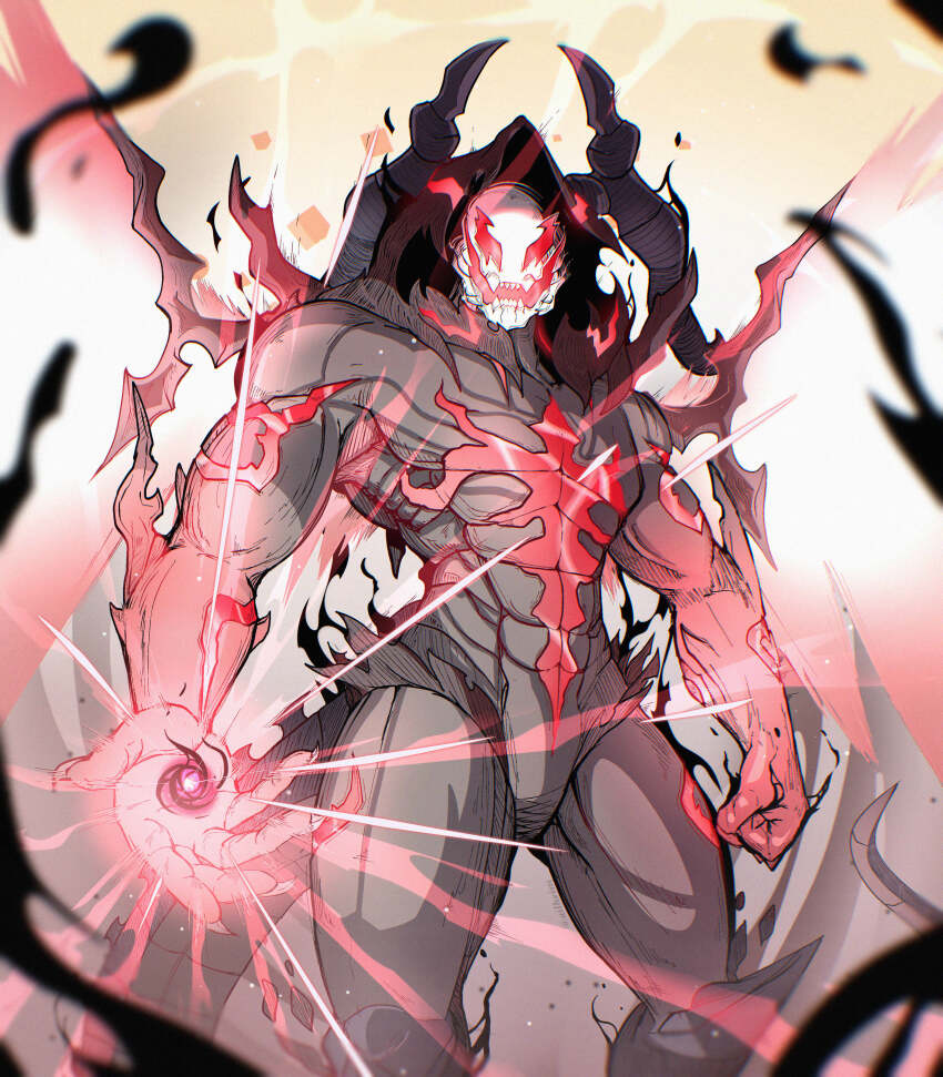 1boy, abs, absurdres, ailheim, bara, claws, clenched_hand, commentary