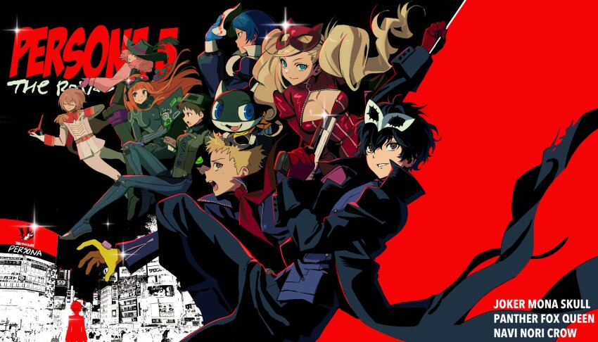 4boys, 4girls, akechi_gorou, amamiya_ren, betti_(xx_betti), black_hair, black_hat, blonde_hair, blue_gloves, blue_hair, breasts, brown_hair, character_name, cleavage, closed_eyes, coat, copyright_name, crow_(persona_5), fox_(persona_5), gloves, gun, hair_between_eyes, handgun, hat, highres, holding, holding_gun, holding_mask, holding_weapon, jacket, joker_(persona_5), kitagawa_yuusuke, long_hair, mask, mask_on_head, morgana_(persona_5), multiple_boys, multiple_girls, niijima_makoto, noir_(persona_5), okumura_haru, oracle_(persona_5), orange_hair, panther_(persona_5), pants, persona, persona_5, persona_5_the_royal, queen_(persona_5), red_gloves, sakamoto_ryuuji, sakura_futaba, skull_(persona_5), sparkle, takamaki_anne, weapon, white_gloves, yellow_gloves