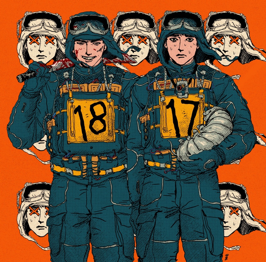 2boys, absurdres, animal, aqua_gloves, aqua_jacket, aqua_pants, blood, blood_on_face