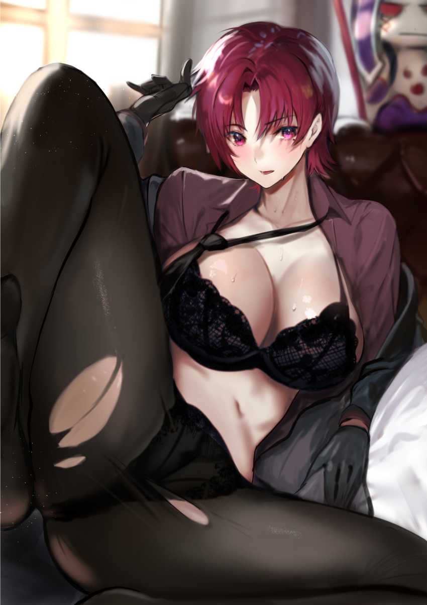1girl, absurdres, bazett_fraga_mcremitz, black_bra, black_gloves, black_jacket, black_necktie, black_panties, black_pantyhose, blush, bra, breasts, cleavage, collarbone, collared_shirt, dress_shirt, fate/grand_order, fate_(series), gloves, highres, jacket, jikihatiman, large_breasts, long_sleeves, looking_at_viewer, manannan_mac_lir_(first_ascension)_(fate), mole, mole_under_eye, navel, necktie, panties, pantyhose, parted_bangs, red_eyes, red_hair, red_shirt, shirt, short_hair, solo, spread_legs, thighs, torn_clothes, torn_pantyhose, underwear