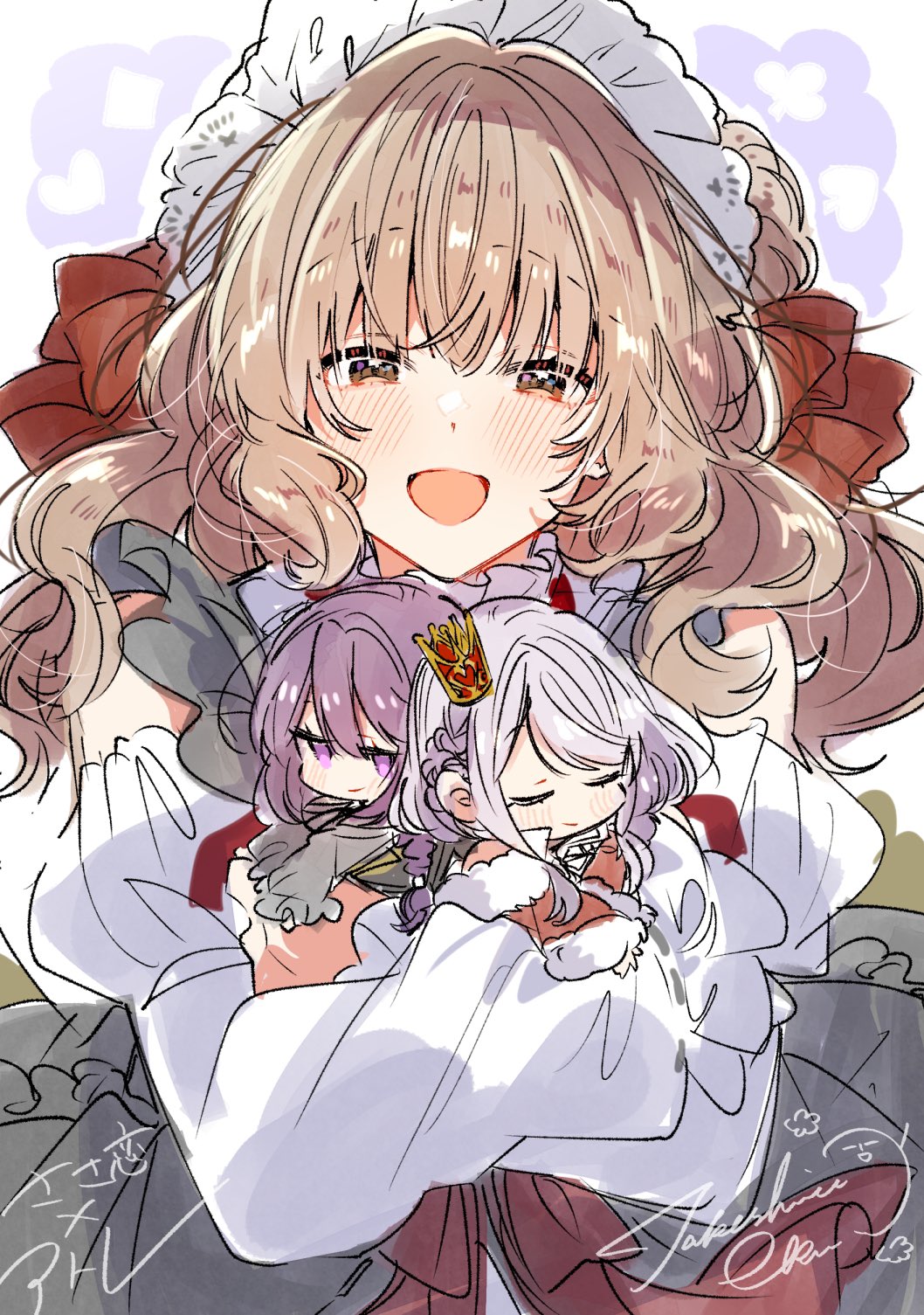 3girls, amasawa_hajime, amasawa_kyou, atre_akihabara, blush, brown_eyes, brown_hair, closed_eyes