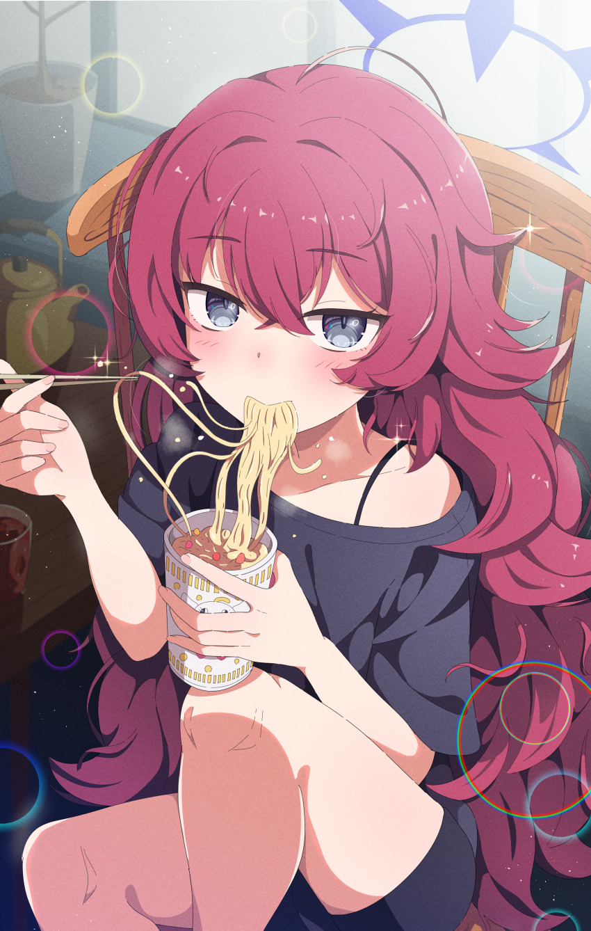 1girl, absurdres, alternate_costume, black_shirt, black_shorts, blue_archive, blue_eyes, blush, chair, chopsticks, cup, instant_cup_noodles, food_in_mouth, hair_between_eyes, highres, holding, holding_chopsticks, holding_cup, instant_noodles, iroha_(blue_archive), long_hair, looking_at_viewer, mikoshi_(user_wvyd4348), on_chair, red_hair, shirt, shorts, sidelocks, single_bare_shoulder, sitting, solo