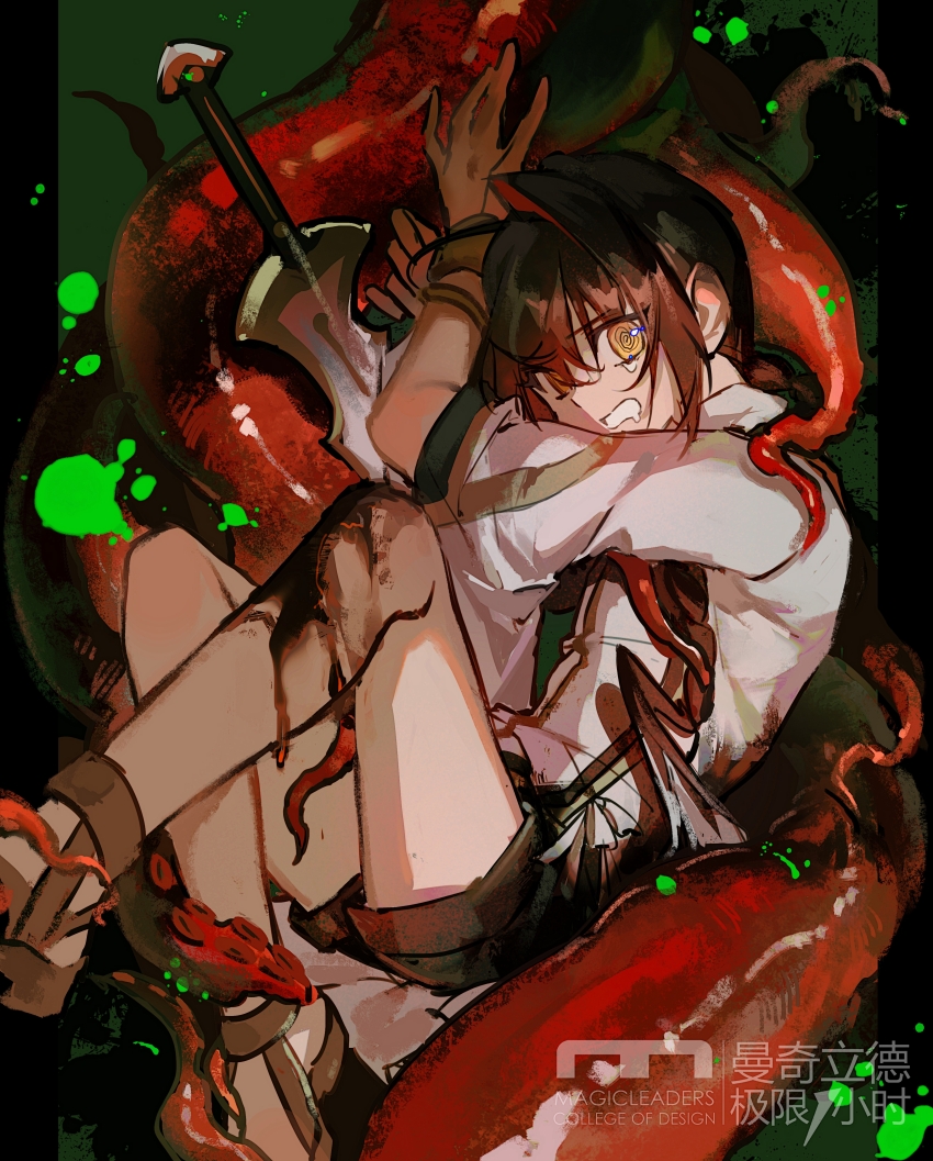 1other, absurdres, ahoge, aizendai, androgynous, black_border, black_hair, border