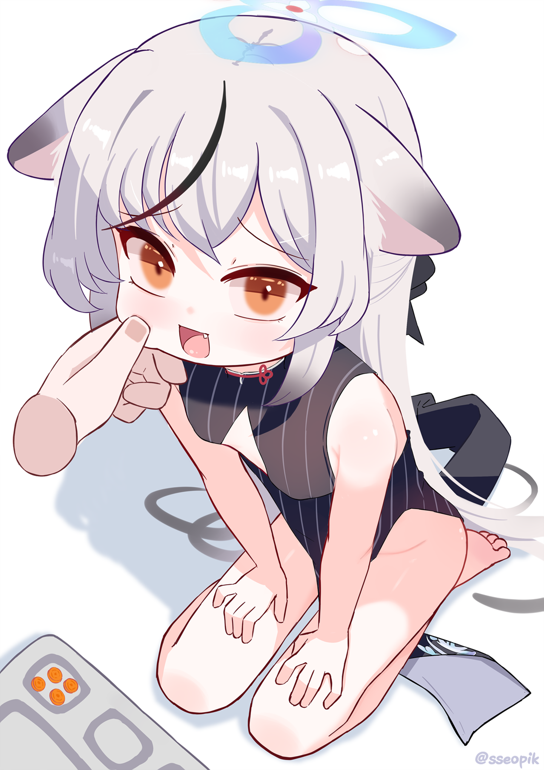 1girl, 1other, animal_ears, barefoot, black_dress, blue_archive, carrot, carrot_slice, china_dress, chinese_clothes, dress, food, halo, hand_on_another's_face, highres, kokona_(blue_archive), loli, long_hair, mesugaki, multicolored_hair, orange_eyes, plate, sseopik, very_long_hair