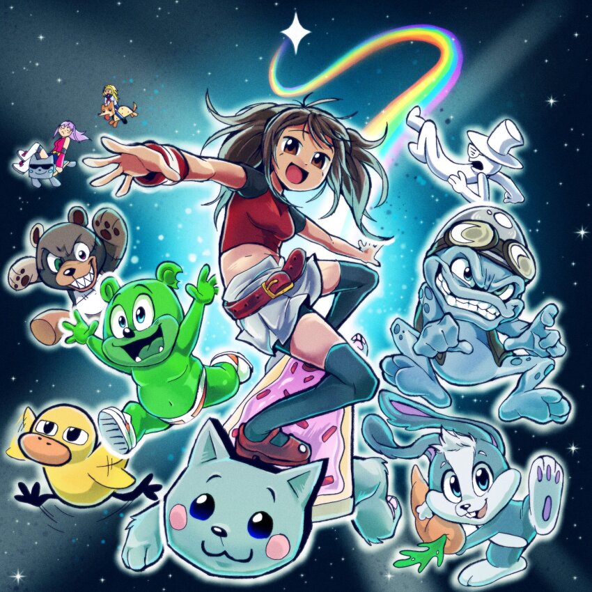 2000s_(style), 3girls, 6+boys, bird, brown_hair, candy, caramella_girls, caramelldansen