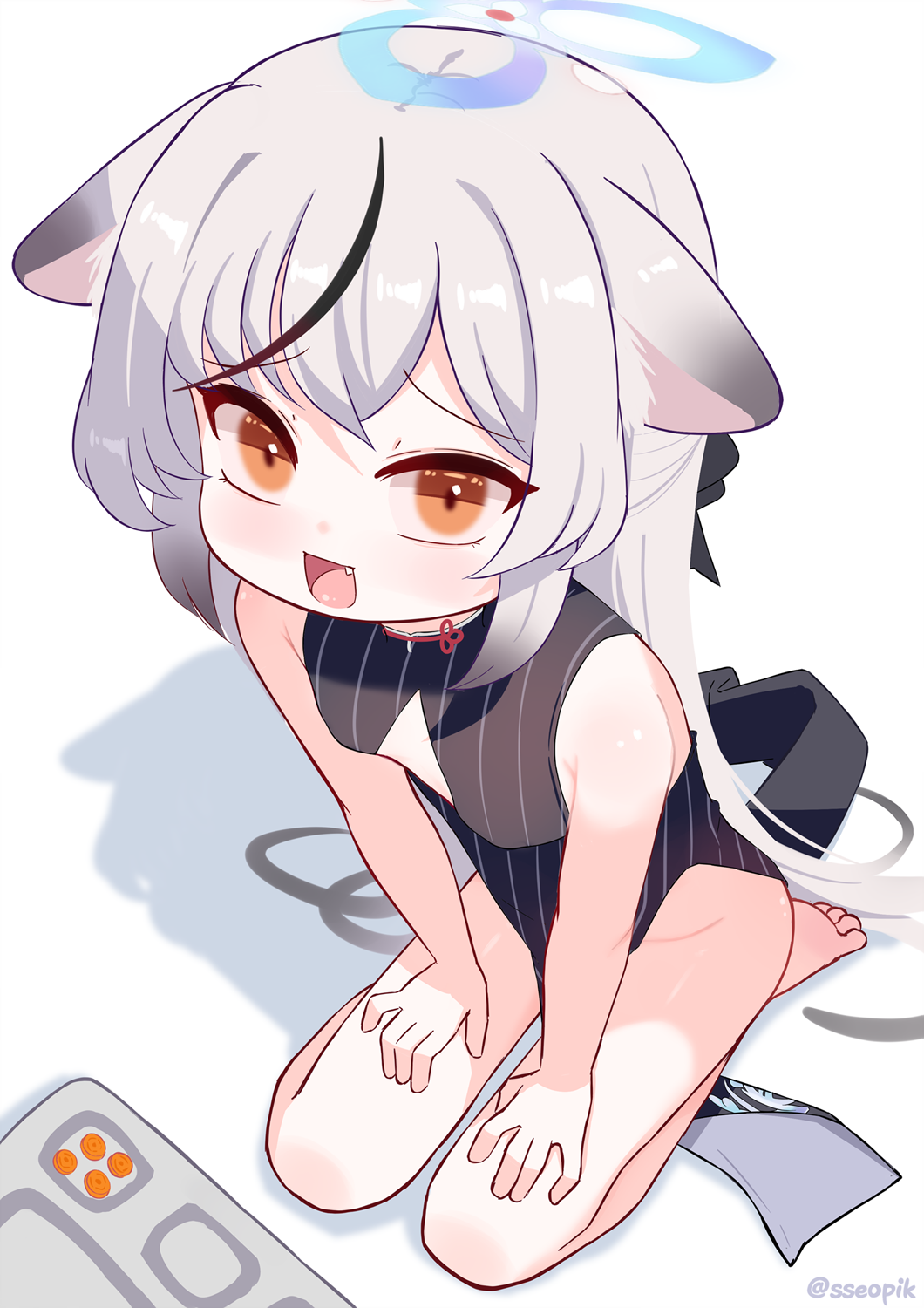 1girl, animal_ears, barefoot, black_dress, blue_archive, carrot, carrot_slice, china_dress, chinese_clothes, dress, food, halo, highres, kokona_(blue_archive), loli, long_hair, mesugaki, multicolored_hair, orange_eyes, plate, sseopik, very_long_hair