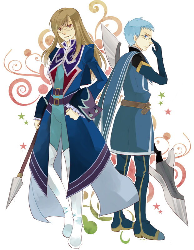 2boys, adjusting_eyewear, belt, blue_eyes, blue_footwear, blue_hair, boots, brown_hair, cape, coat, cosplay, costume_switch, full_body, glasses, gloves, hubert_ozwell, hubert_ozwell_(cosplay), in-franchise_crossover, jade_curtiss, jade_curtiss_(cosplay), long_hair, male_focus, mikimaro, multiple_boys, polearm, red_eyes, sidelocks, smile, spear, star_(symbol), tales_of_(series), tales_of_graces, tales_of_the_abyss, thigh_boots, thighhighs, trait_connection, weapon, white_legwear