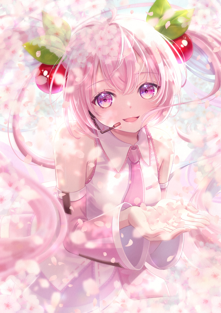 1girl, bare_shoulders, cherry_blossoms, cherry_hair_ornament, collared_shirt, detached_sleeves, food-themed_hair_ornament, hair_ornament