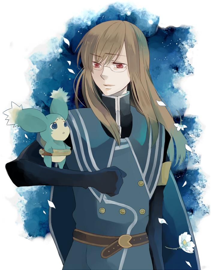 00s, 1boy, belt, brown_hair, coat, creature, flower, glasses, gloves, gradient_background, jade_curtiss, long_hair, male_focus, mieu_(tales), mikimaro, plant, red_eyes, smile, solo, tales_of_(series), tales_of_the_abyss, white_background