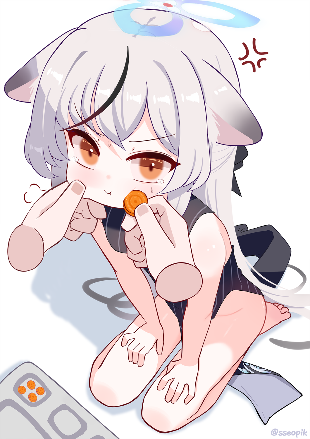 1girl, 1other, anger_vein, animal_ears, barefoot, black_dress, blue_archive, carrot, carrot_slice, china_dress, chinese_clothes, dress, food, halo, hand_on_another's_face, highres, holding, holding_carrot, kokona_(blue_archive), loli, long_hair, mesugaki, multicolored_hair, orange_eyes, plate, sseopik, very_long_hair