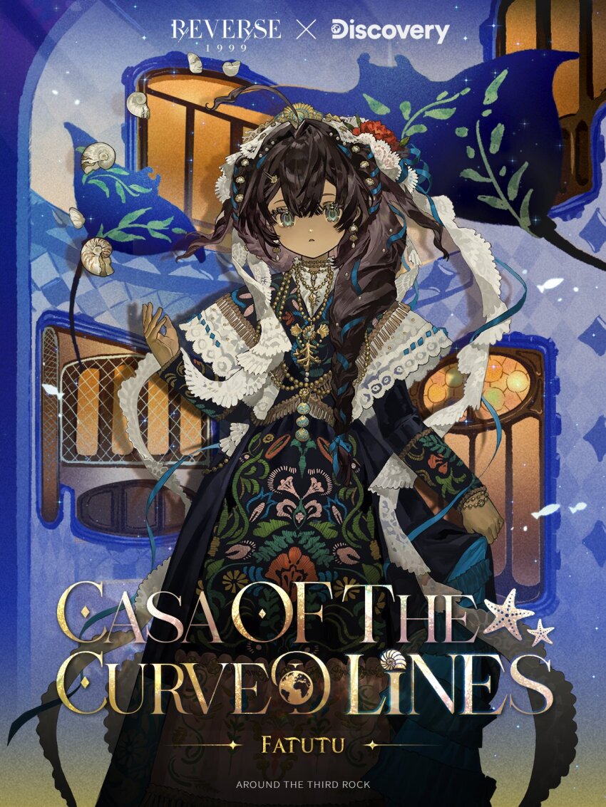 1girl, ahoge, bead_necklace, beads, black_cloak, black_dress, black_hair, blue_background, blue_eyes, casa_batllo, character_name, cloak, cowboy_shot, dark-skinned_female, dark_skin, discovery_channel, dress, english_text, fatutu, floral_print, floral_print_dress, flower, hair_flower, hair_ornament, hair_over_shoulder, hairband, hand_up, highres, holding_own_dress, jewelry, lace-trimmed_cloak, lace_hairband, long_braid, long_dress, long_sleeves, looking_at_viewer, necklace, official_alternate_costume, official_art, parted_lips, print_dress, red_flower, reverse:1999, solo, spanish_clothes, standing, white_hairband, window