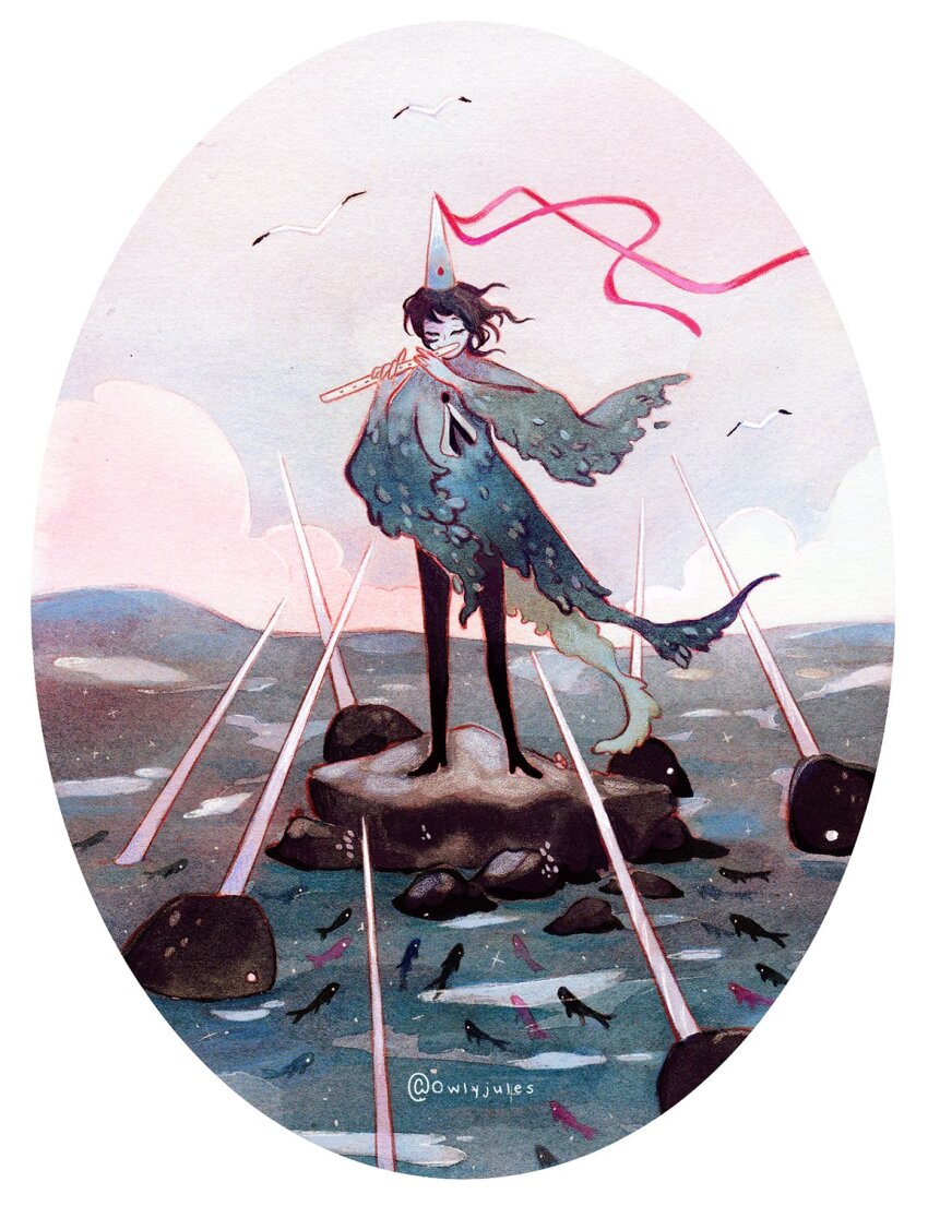 1boy, artist_name, black_hair, closed_eyes, cloud, commentary, english_commentary, fish