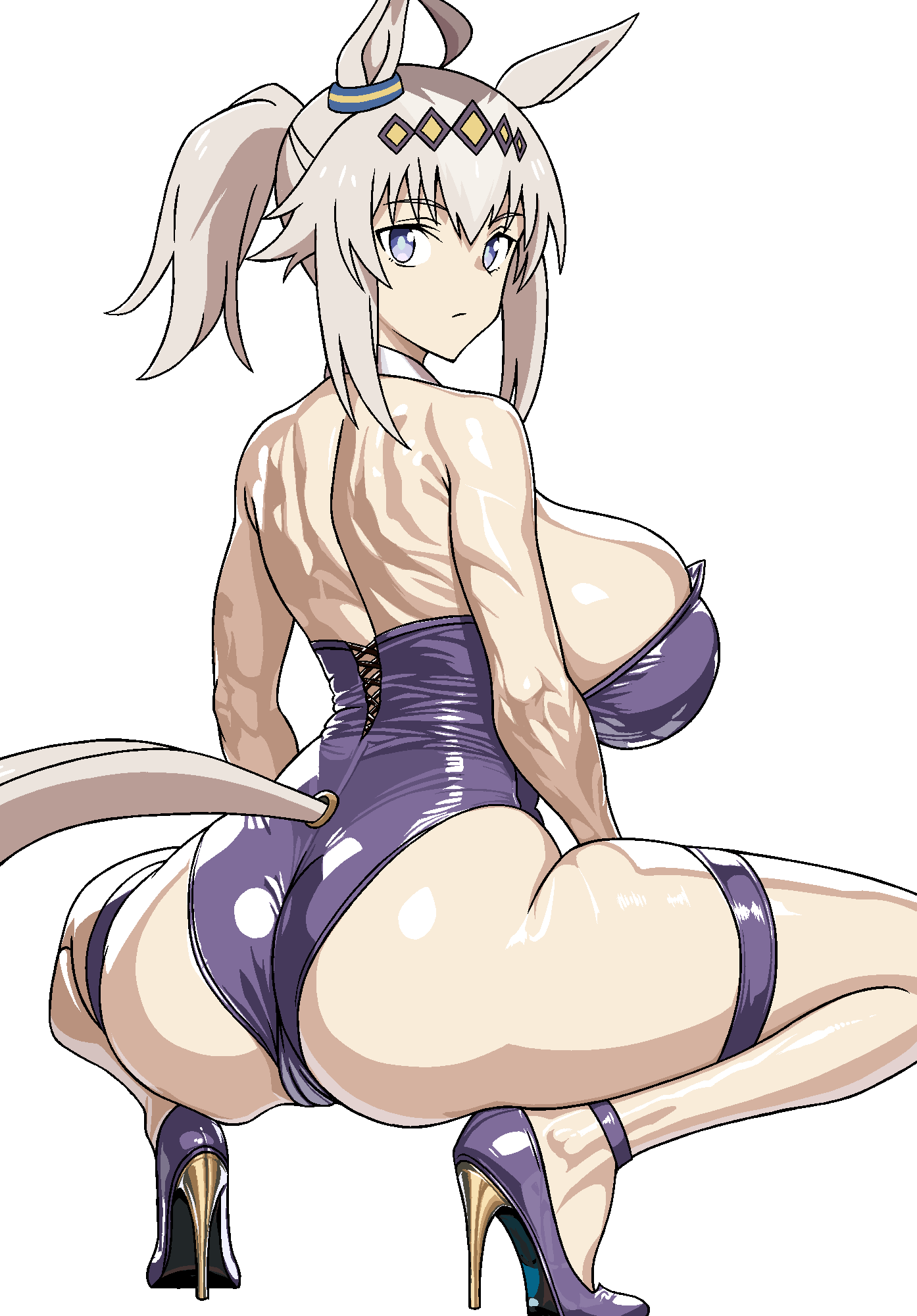 1girl, ahoge, alternate_breast_size_(larger), alternate_hairstyle, animal_ears, bow, breasts, ear_bow, ear_ornament, from_behind, grey_hair, grey_tail, high_heels, highleg, highleg_leotard, highres, horse_ears, horse_girl, horse_tail, huge_breasts, leotard, looking_at_viewer, looking_back, oguri_cap_(umamusume), ponytail, ringosu33333, shoes, simple_background, solo, spread_legs, squatting, strapless, strapless_leotard, tail, thigh_strap, tiptoes, umamusume, white_background
