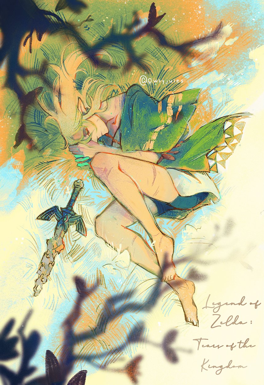 archaic_set_(zelda), artist_name, bare_legs, barefoot, blonde_hair, branch, closed_eyes, commentary, day, english_commentary, full_body, grass, green_tunic, highres, link, long_hair, lying, master_sword, nintendo, on_side, outdoors, owlyjules, profile, signature, sleeping, solo, sword, the_legend_of_zelda, the_legend_of_zelda:_tears_of_the_kingdom, tunic, weapon