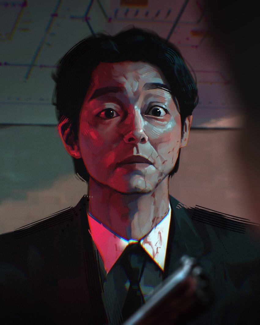 1boy, art_study, black_eyes, black_hair, black_necktie, black_suit, blood, blood_on_clothes, blood_on_face, blood_on_neck, closed_mouth, commentary, english_commentary, formal_clothes, gun, handgun, highres, indoors, looking_at_viewer, male_focus, multiple_boys, necktie, revolver, s&amp;w_model_19, sam_yang, short_hair, solo, squid_game, suit, the_salesman_(squid_game), weapon