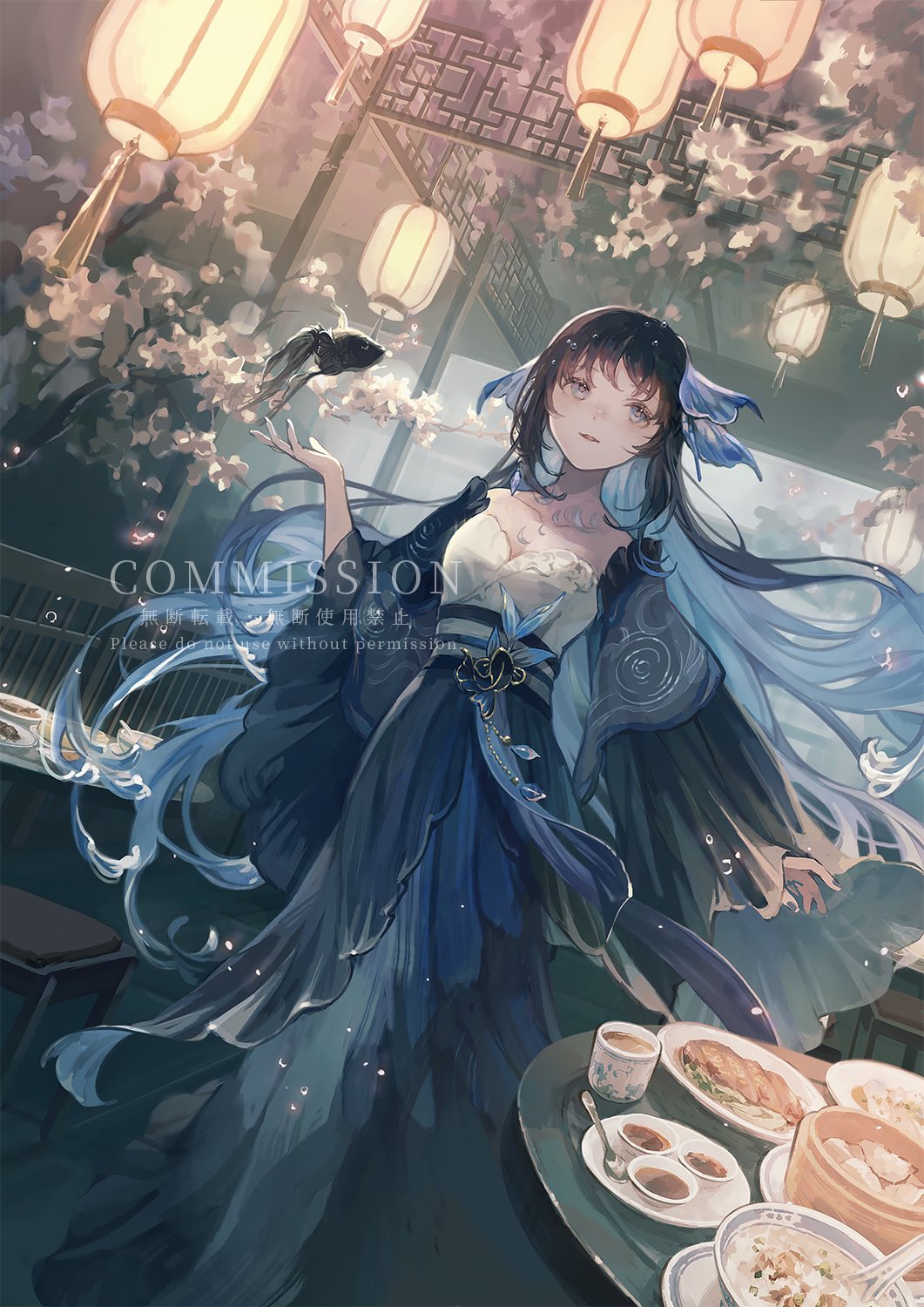 1girl, architecture, bamboo_steamer, black_fish, black_hair, blue_dress, blue_eyes, blue_hair, bowl, breasts, cherry_blossoms, chinese_clothes, cleavage, collarbone, colored_inner_hair, commission, cup, dress, dumpling, dutch_angle, east_asian_architecture, fish, flying_fish, food, hair_ornament, hand_up, hanfu, highres, hotatenshi, lantern, lattice, long_hair, long_sleeves, looking_at_viewer, medium_breasts, multicolored_hair, original, paper_lantern, parted_lips, petals, plate, sample_watermark, sash, shawl, skeb_commission, smile, solo, spoon, standing, strapless, table, tassel, tattoo, very_long_hair, watermark, wide_sleeves