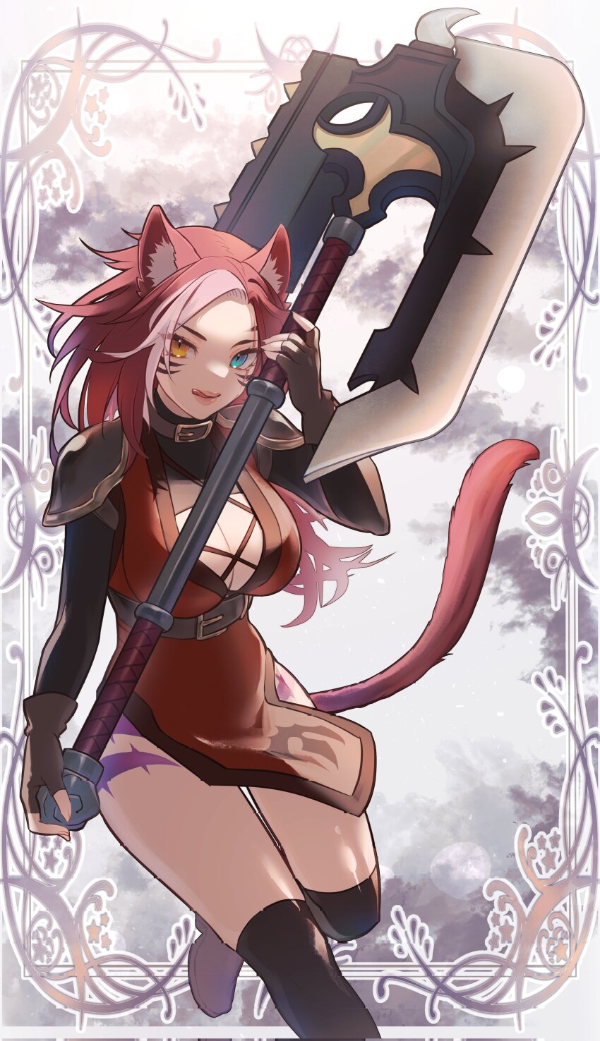 1girl, absurdres, animal_ears, armor, axe, battle_axe, blue_eyes, boots