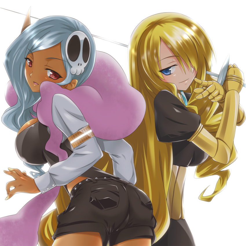 2girls, armband, ass, belt, blonde_hair, blush, creator_connection, crossover, curly_hair, dark-skinned_female, dark_skin, grey_hair, hair_ornament, hair_over_one_eye, highres, kami_nomi_zo_shiru_sekai, long_hair, looking_back, multiple_girls, nora_floriann_leoria, rapier, red_eyes, seikesshou_albatross, severe_da_palladium_night, shorts, simple_background, sword, very_long_hair, weapon, yuto_(dialique)